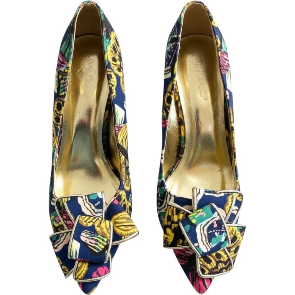 Torta Caliente Butterfly Print Bow Pointed Toe Pumps Navy Gold Multi Size 8M